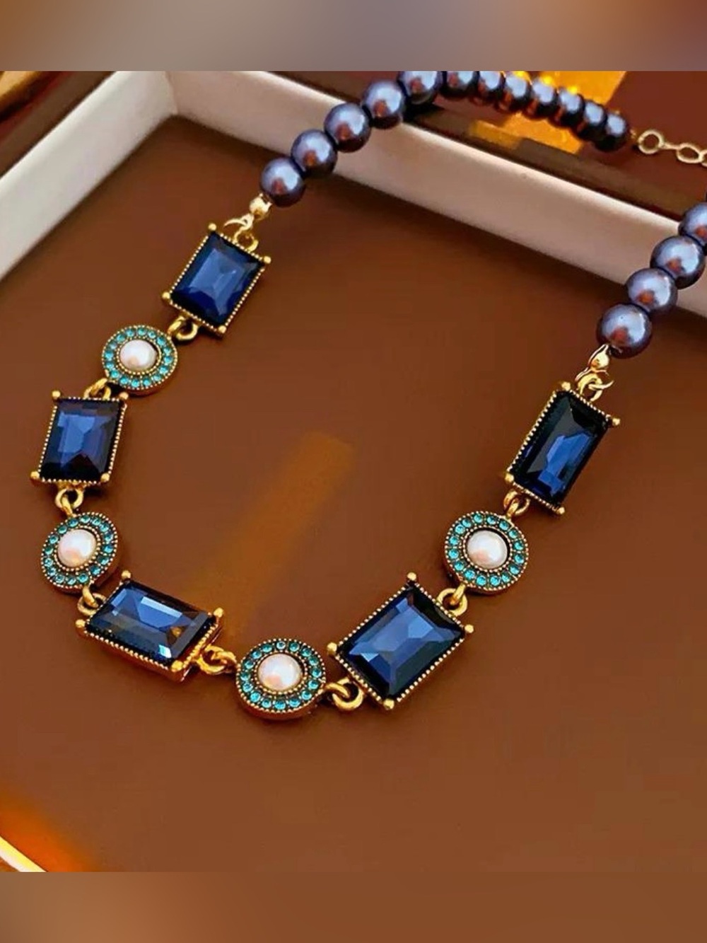 Vintage Dark Blue Rhinestone & Pearl Necklace